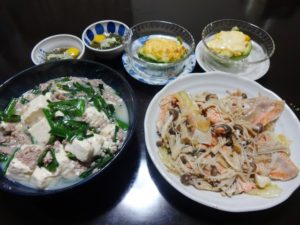 鮭のチャンチャン焼きと麻婆豆腐の献立