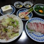 肉野菜炒めと刺身の献立